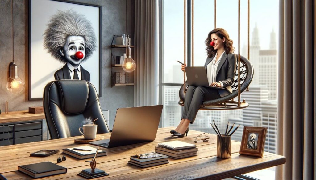 Professionelle Texterin mit Laptop sitzt lächelnd auf einer Schaukel im modernen Büro mit einem humorvollen Bild von Einstein im Hintergrund, was Kreativität und Einzigartigkeit ausstrahlt.